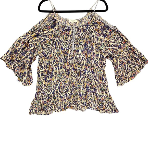 Umgee + Cold Shoulder Flowy Bell Sleeve Paisley Print Boho Blouse 2XL - Picture 1 of 9